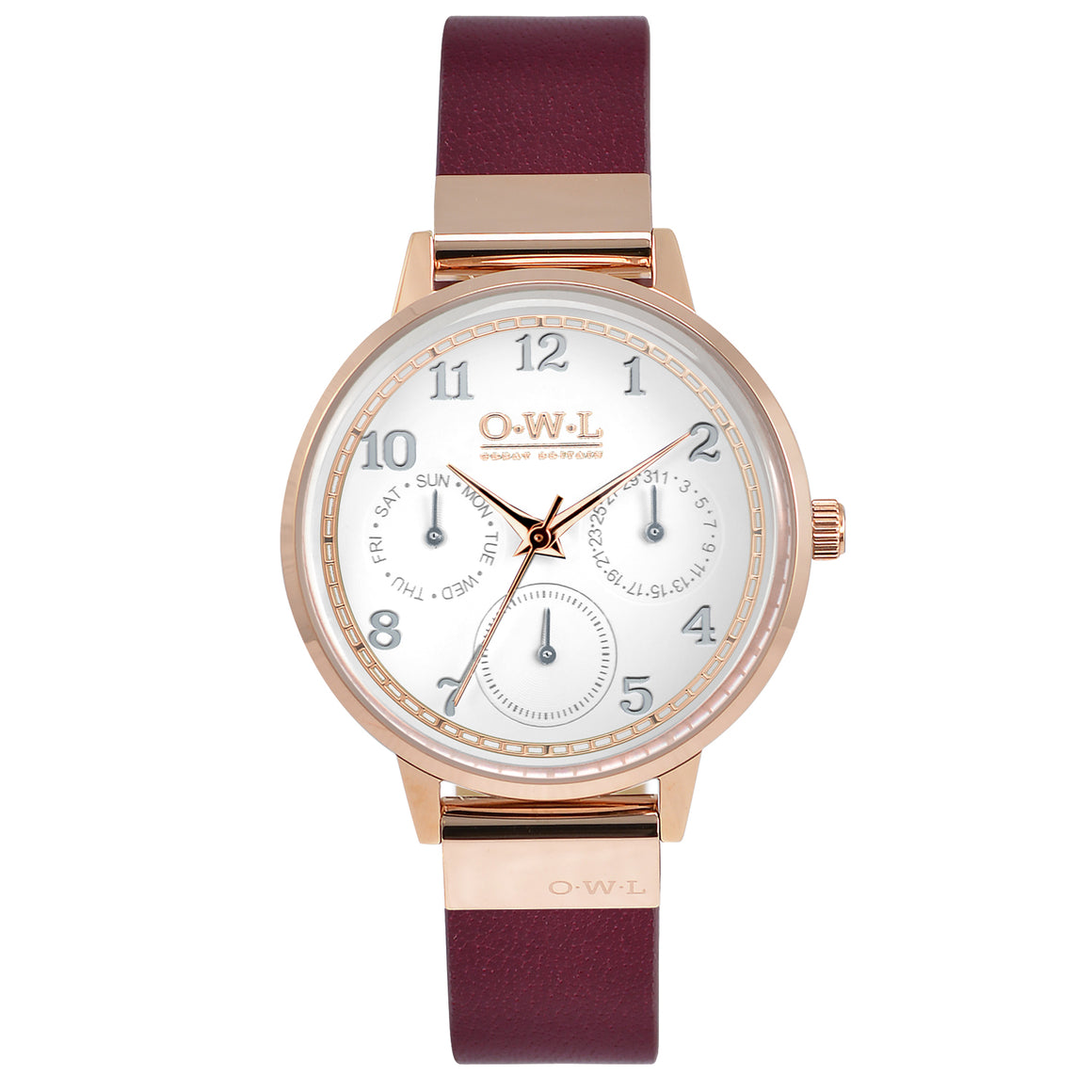 HELMSLEY WATCH WITH ROSE-GOLD CASE, WHITE MULTI-DIAL FACE & DEEP RED LEATHER STRAP
